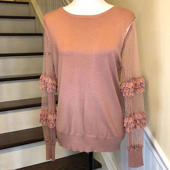 EXPRESS Dusty Rose Long Knit Sweater w Alternating Shear & Ruffle Sleeve Panels - Picture 4 of 9